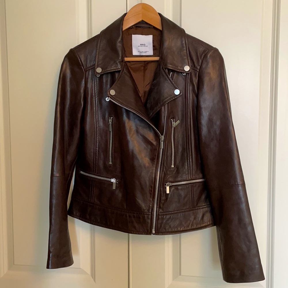 Brown leather motorcycle jacket by Mango, sz small